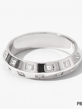 Polished Silver Band Ring with Embedded Crystals - Women’s Ring
